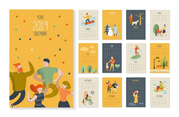 2019 Année Calendrier mensuel avec des personnages de personnes plates. Modèle de calendrier Mise en page. Illustration vectorielle — Image vectorielle