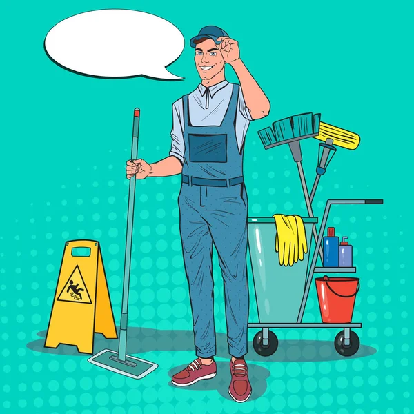 Pop Art Cleaner w mundurze z Mop. Personel sprzątający usługi z wyposażeniem. Ilustracja wektorowa — Wektor stockowy
