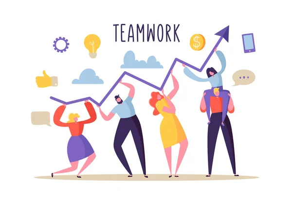 Business Teamwork Concept. Personaggi di persone piatte che lavorano insieme e tenendo Freccia Grafico. Successo finanziario, Cooperazione, Bancario. Illustrazione vettoriale — Vettoriale Stock