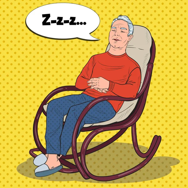 Pop Art Senior Man Dormir en silla. Abuelo Descansando en Sillón. Ilustración vectorial — Vector de stock