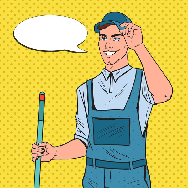 Pop Art Cleaner în uniformă cu Mop. Personalul de serviciu de curățenie cu echipamente. Ilustrație vectorială — Vector de stoc