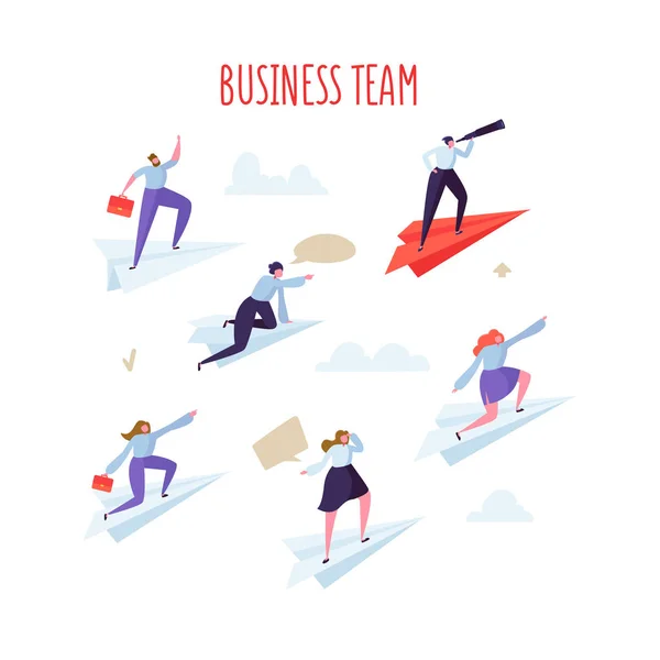 Business-Team-Konzept. Geschäftsleute fliegen mit Papierflugzeugen. Führung, Teamwork, Motivation. Vektorillustration — Stockvektor