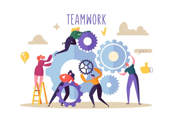Business Teamwork Concept. Caractères Flat People Running Gears Mechanism. Développement de produits d'ingénierie. Illustration vectorielle — Image vectorielle