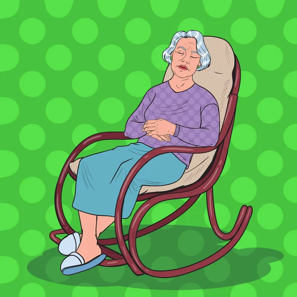 Pop Art Senior Woman Dormindo na cadeira. Avó descansando em poltrona. Ilustração vetorial —  Vetores de Stock