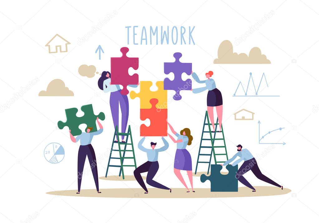 Business Teamwork Concept. Flat People Characters with Pieces of Puzzle. Partnership, Solution Cooperation. Vector illustration