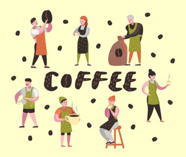 Barista erkek ve kadın düz karakterler kafede. Çizgi film Cafe personel kupa, kupa ve kahve çekirdekleri ile. Vektör çizim