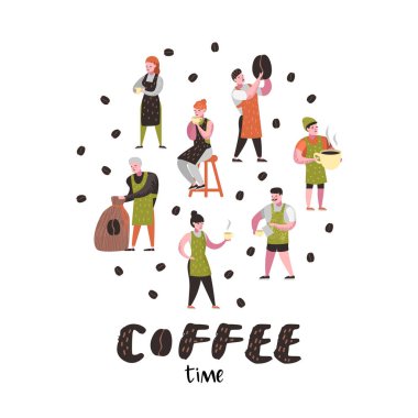 Barista erkek ve kadın düz karakterler kafede. Çizgi film Cafe personel kupa, kupa ve kahve çekirdekleri ile. Vektör çizim