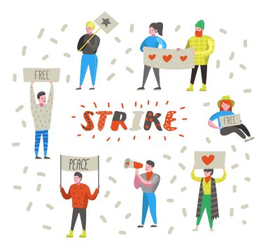 Düz kızgın insanlar Strike protesto grubu. Karşı bir afiş ve afişlerin Picketing karakter. Gösteri, protesto, grev. Vektör çizim
