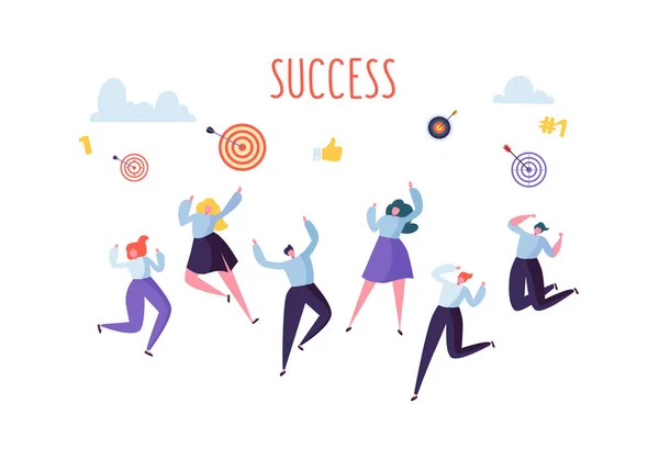 Плоские бизнесмены празднуют успех и достижения. Счастливых прыгающих персонажей. Успех и успех в бизнесе. Векторная иллюстрация — стоковый вектор
