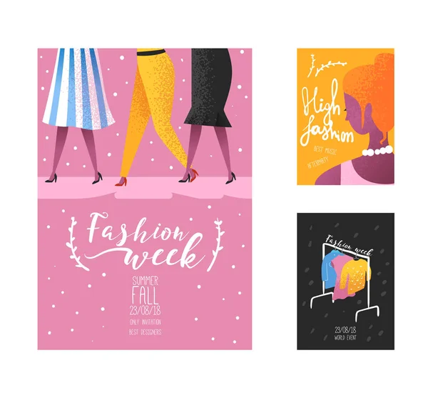 Affiche de la semaine de la mode, modèle de bannière, affiche, brochure. Modèles à la mode, collection de vêtements neufs, achats en ligne. Illustration vectorielle — Image vectorielle