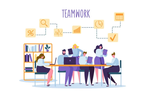 Corporate Business Team Menschen hinter Schreibtisch. flache Charaktere Büroangestellte. Teamwork. Coworking Space mit Mann und Frau mit Laptop. Vektorillustration — Stockvektor