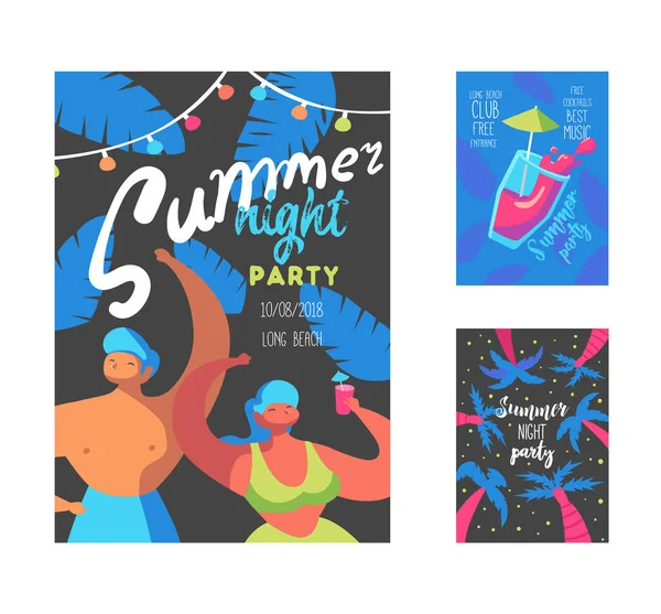 Manifesto per feste notturne estive con personaggi e palme piatti. Bandiera per le vacanze modello invito evento Sea Beach. Illustrazione vettoriale — Vettoriale Stock