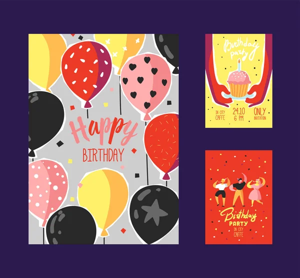 stock vector Happy Birthday Greeting Card, Poster, Banner, Invitation with Celebrating People, Confetti, Balloons and Cake. Vector illustration