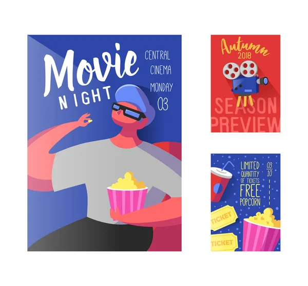 Cinema Movie Poster, Banner, Placard Template. Film Reel, Biglietti, Pop Corn e Flat Character. Illustrazione vettoriale — Vettoriale Stock