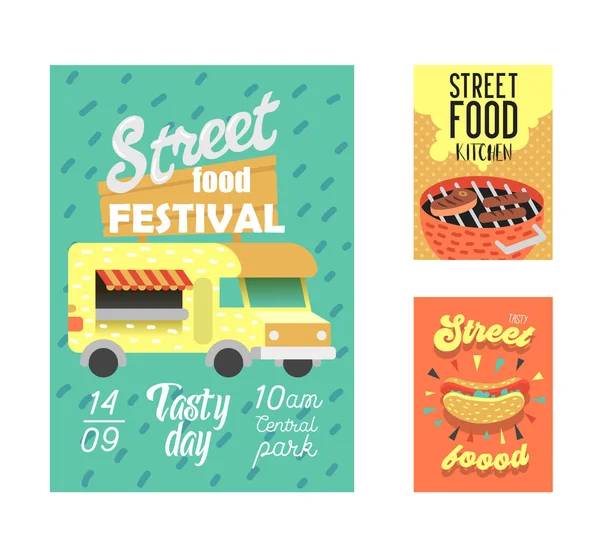 Street Food Festival Poster. Fastfood Outdoor Event Invito, Placard, Brochure, Banner Template con Van e BBQ. Illustrazione vettoriale — Vettoriale Stock