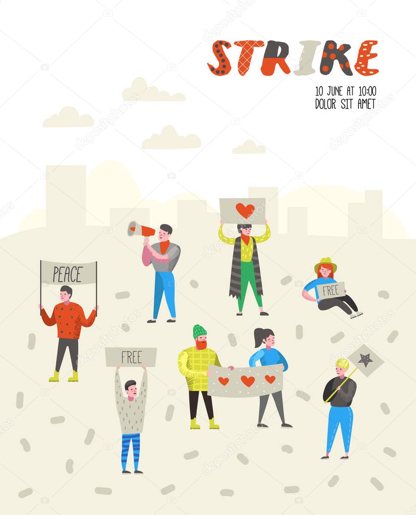 Group of Flat Angry People Protesting at Strike. Characters Picketing Against Something with Banners and Placards. Demonstration, Protest, Picket. Vector illustration