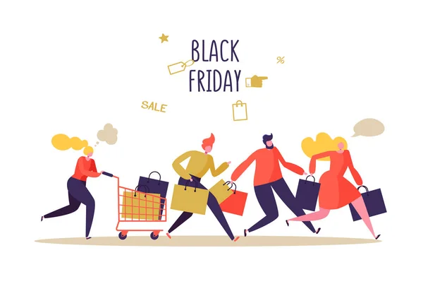 Evento de venda Black Friday. Personagens de pessoas planas com sacos de compras. Grande desconto, conceito promocional, cartaz publicitário, banner. Ilustração vetorial — Vetor de Stock