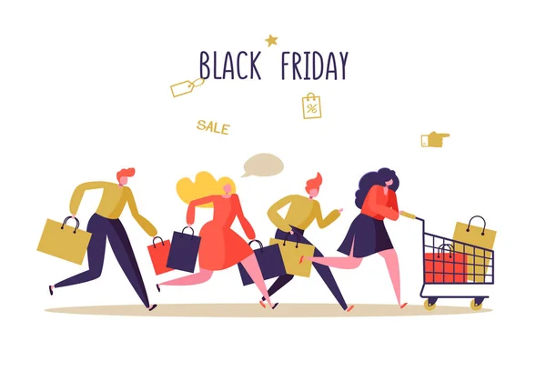 Black Friday Sale Event. Flat People Characters with Shopping Bags. Big Discount, Promo Concept, Advertising Poster, Banner. Vector illustration — Stock Vector