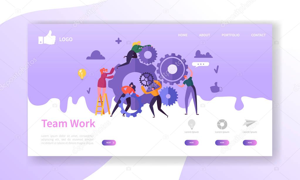Website Development Landing Page Template. Mobile Application Layout with Flat Business People Running Gears. Team Work Concept. Easy to Edit and Customize. Vector illustration