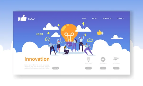 Modèle de page d'atterrissage de développement de site Web. Mise en page d'application mobile avec des gens d'affaires plats tenant des ampoules. Concept d'idée d'innovation. Facile à modifier et à personnaliser. Illustration vectorielle — Image vectorielle