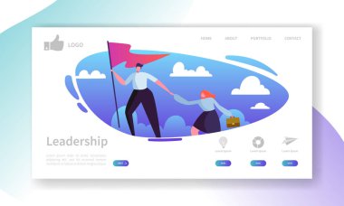 Web sitesi geliştirme açılış sayfası şablonu. Mobil uygulama düzenini bayrağı ile üst düz işadamı lideri ile. Düzenlemek ve özelleştirmek kolay. Vektör çizim