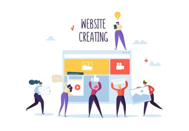 Web sitesi geliştirme kavramı. Düz insanlar karakterler ekip çalışma oluşturma Web sayfası. Kullanıcı arayüzü mobil uygulama. Vektör çizim
