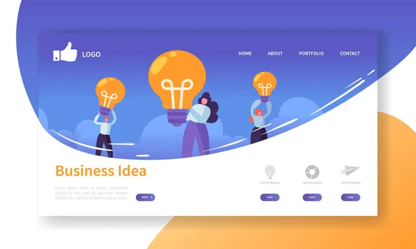 Plantilla de landing page de desarrollo web. Diseño de aplicación móvil con gente de negocios plana sosteniendo bombillas. Concepto de Idea de Innovación. Fácil de editar y personalizar. Ilustración vectorial — Archivo Imágenes Vectoriales