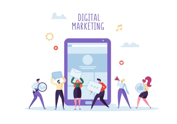 Digitale Marketing, sociaal netwerk, Seo Concept. Plat zakelijke mensen die samenwerken op nieuwe Website-Project. Teamwerk. Vectorillustratie — Stockvector