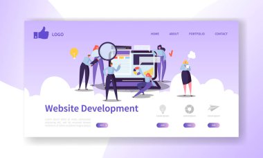 Web sitesi geliştirme açılış sayfası şablonu. Mobil uygulama düzenini düz insanlar karakterler ve Laptop. Düzenlemek ve özelleştirmek kolay. Vektör çizim