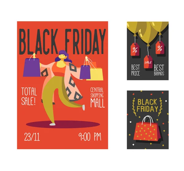 Black Friday Sale Poster, Flyer, Placard. Compre o folheto do evento de promoção de férias com mulheres e sacos de compras. Big Discount Banner. Ilustração vetorial —  Vetores de Stock