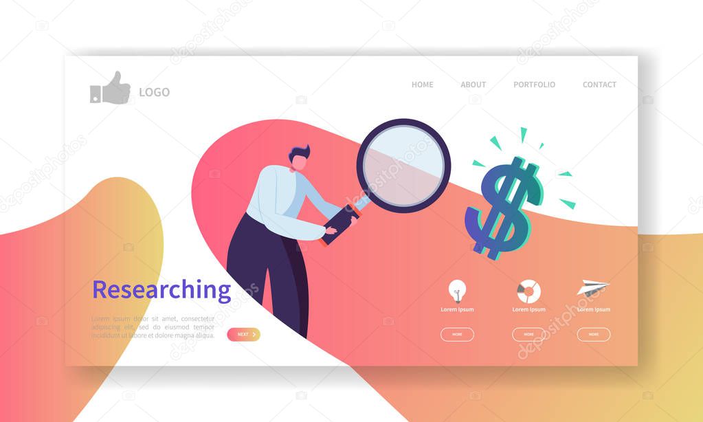 Website Development Landing Page Template. Mobile Application Layout with Flat Businessman Searching Data. Researching Concept. Easy to Edit and Customize. Vector illustration
