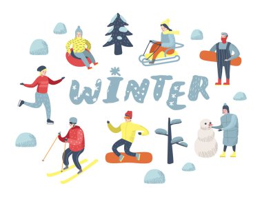 Mutlu tatil düz insanlar karakterler. Kış spor halletme, Snowboard, Kayak. Vektör çizim