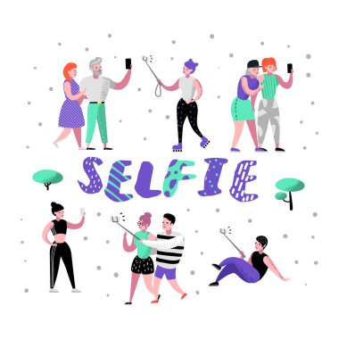 Gençler selfie Smartphone ile yapım. Düz karakterler cep telefonu ile fotoğraf çekme çeşitli teşkil etmektedir. Genç hareket eden aygıt ile. Vektör çizim