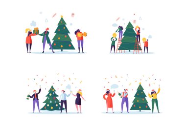 Noel ağacı süsleme düz mutlu insanlar. Merry Xmas tatil partisi. Yeni yıl arifesinde kutluyor karakter. Vektör çizim