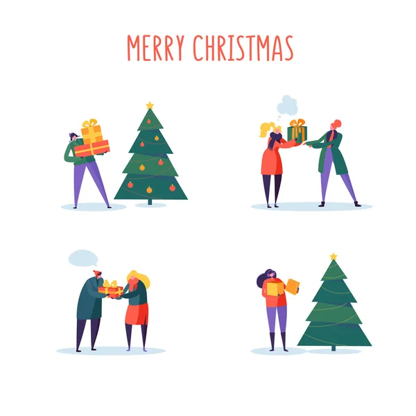 Επίπεδη ευτυχισμένων ανθρώπων με δώρα και το χριστουγεννιάτικο δέντρο. Καλά Χριστούγεννα γιορτή. Χαρακτήρες που τον εορτασμό της Πρωτοχρονιάς. Εικονογράφηση διάνυσμα — Διανυσματικό Αρχείο