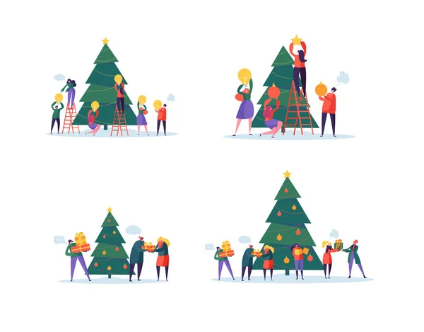 Flat Happy People Decorando Árvore de Natal. Feliz Festa de Natal. Personagens celebrando a véspera de Ano Novo. Ilustração vetorial — Vetor de Stock