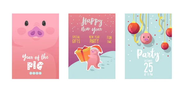 새 해 복 많이 받으세요 포스터입니다. 귀여운 돼지 2019 년의 상징입니다. 인사말 카드 배너, 초대, 게시 서식 파일입니다. 벡터 일러스트 레이 션 — 스톡 벡터