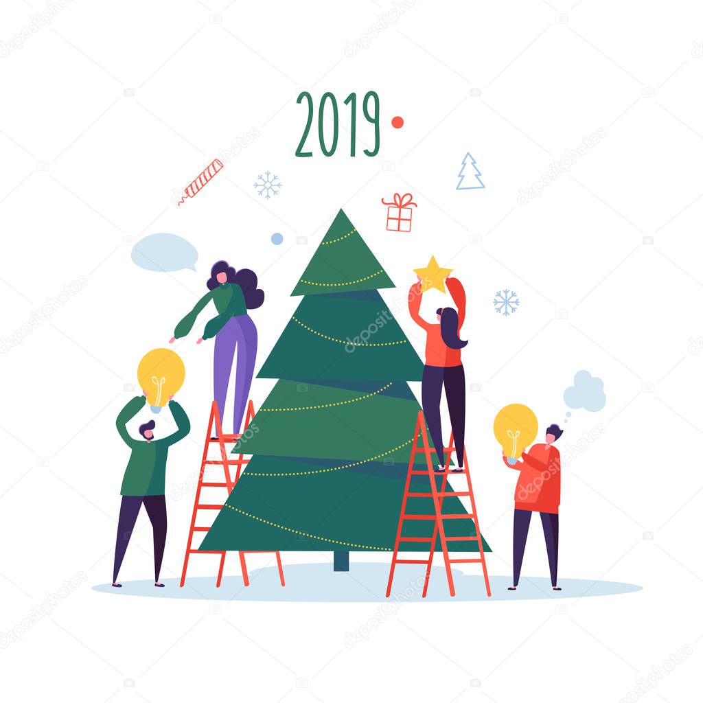 Flat Happy People Decorating Christmas Tree. Merry Xmas Holiday Party. Characters Celebrating New Year Eve. Vector illustration