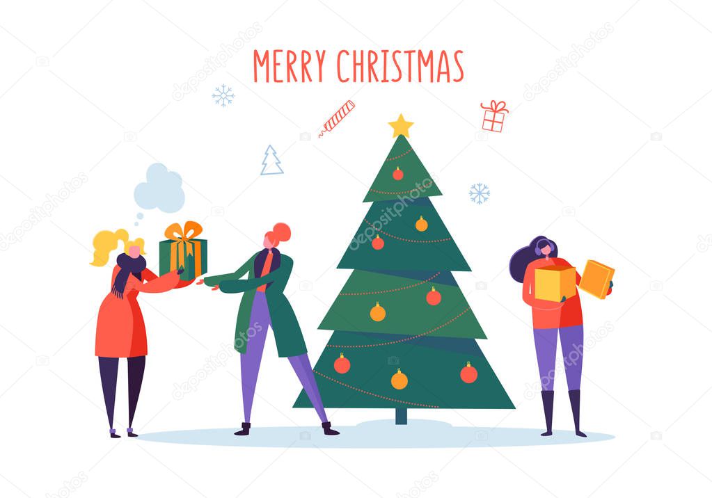 Flat Happy People with Gifts and Christmas Tree. Merry Xmas Holiday Party. Characters Celebrating New Year Eve. Vector illustration