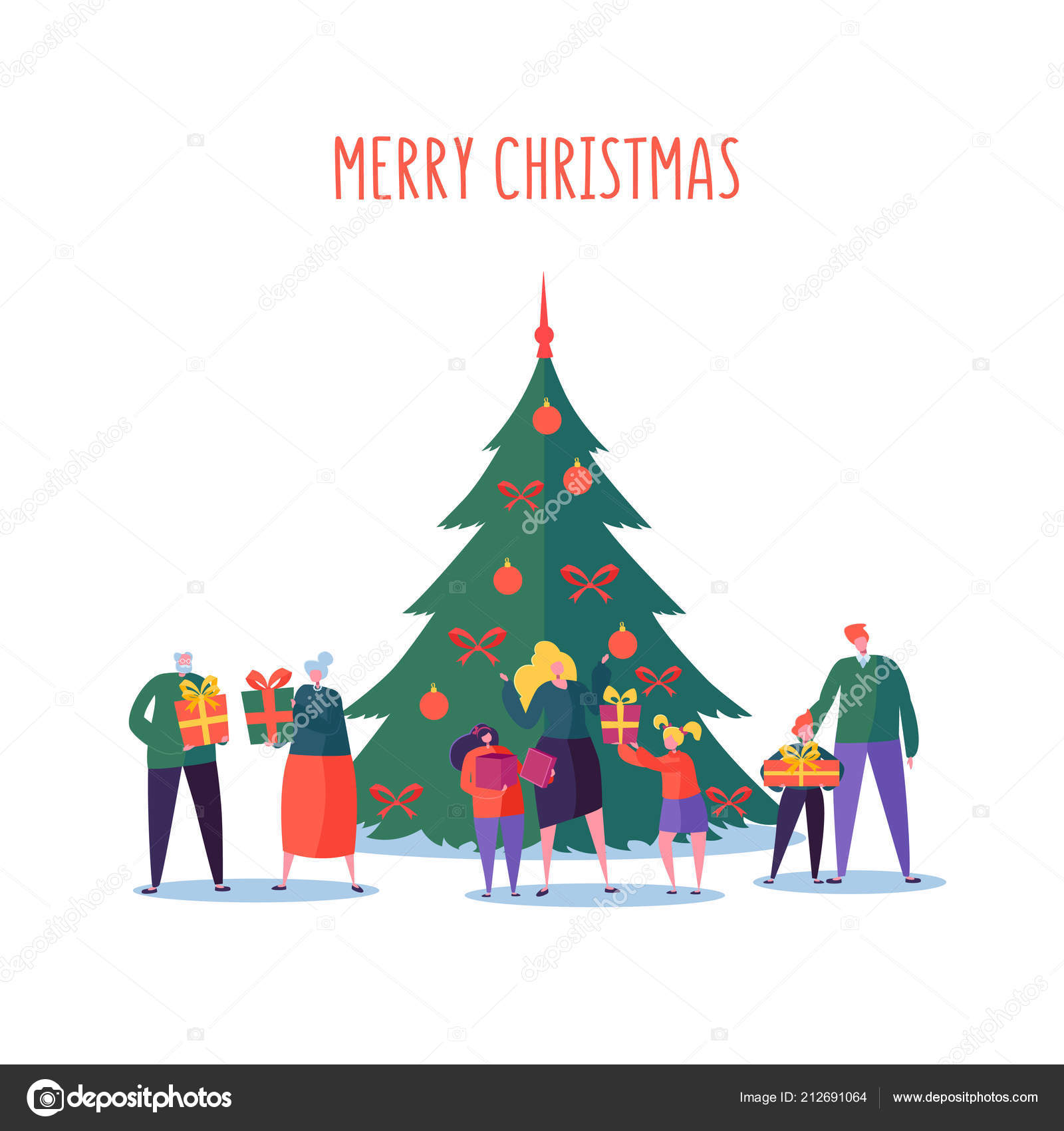 Merry Christmas and Happy New Year Family Party Flat People Characters Parents and Children with