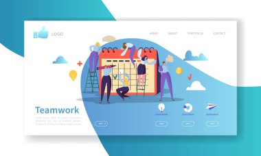 Takım iş açılış sayfası şablonu. Düz insanlar karakterlerle birlikte çalışan Web sitesi düzeni. Düzenlemek ve mobil Web sitesi özelleştirmek kolay. Vektör çizim