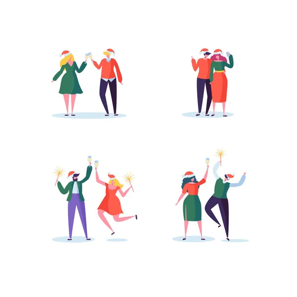 Flat People Celebrando la fiesta de Año Nuevo con copas de champán. Personajes alegres en los sombreros de Papá Noel en Navidad. Ilustración vectorial — Vector de stock