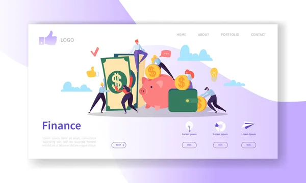 Plantilla de landing page de negocios y finanzas. Diseño del sitio web con personajes de personas planas haciendo dinero. Fácil de editar y personalizar el sitio web móvil. Ilustración vectorial — Vector de stock