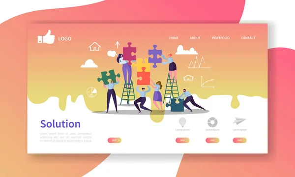 Team werk Landing Page Template. Website lay-out met platte personen personages met puzzel. Makkelijk te bewerken en aanpassen van de mobiele website. Vectorillustratie — Stockvector