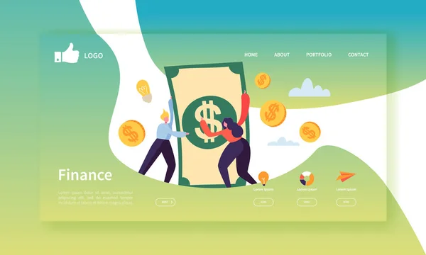 Business e Finanza Landing Page Template. Layout del sito Web con personaggi di persone piatte che fanno soldi. Facile da modificare e personalizzare il sito Web mobile. Illustrazione vettoriale — Vettoriale Stock