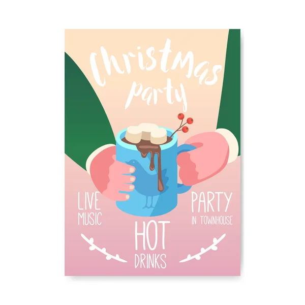 Καλά Χριστούγεννα 2019 κόμμα αφίσα, πρόσκληση, Flyer πρότυπο. Χριστούγεννα Vintage Banner ευχετήρια κάρτα με το φλυτζάνι της καυτής σοκολάτας. Εικονογράφηση διάνυσμα — Διανυσματικό Αρχείο