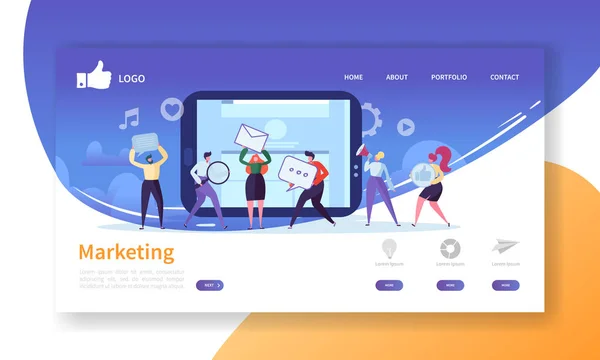 Plantilla de landing page de marketing social. Diseño del sitio web con personajes de personas planas Publicidad. Fácil de editar y personalizar el sitio web móvil. Ilustración vectorial — Archivo Imágenes Vectoriales