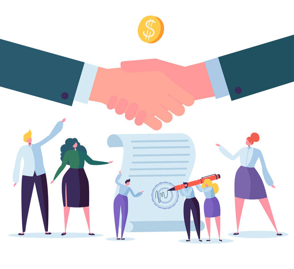 Handshake Business Agreement. Flat People Characters Signing Contract. Successful Partnership, Cooperation Concept. Vector illustration