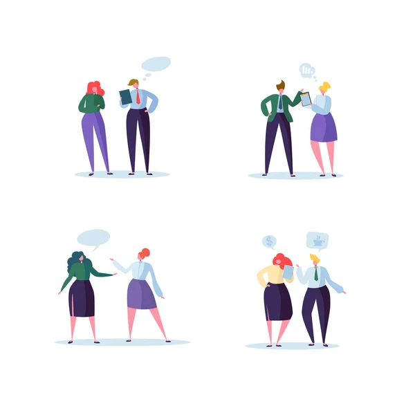 Grupo de personajes de negocios charlando. Equipo de Personal de Oficina Concepto de Comunicación. Marketing Social Hombre y Mujer Hablando. Ilustración vectorial — Archivo Imágenes Vectoriales