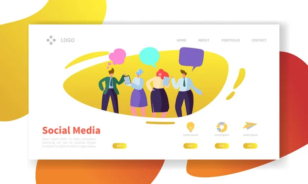 Social Media Landing Page Template. Website Layout with Flat People Characters Communicating. Easy to Edit and Customize Mobile Web Site. Vector illustration — Stock Vector